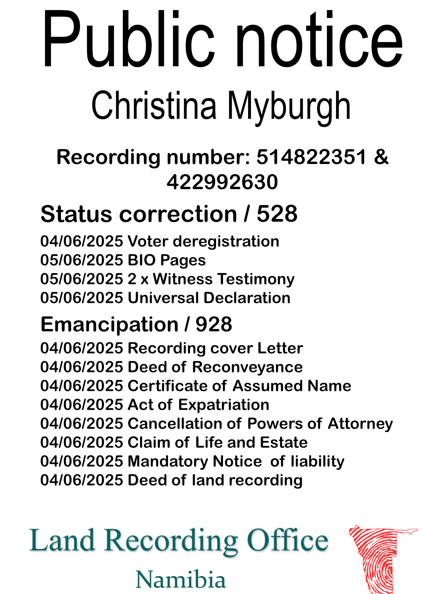 Public Notice Christina Myburgh (c) Recording number 514822351 & 422992630